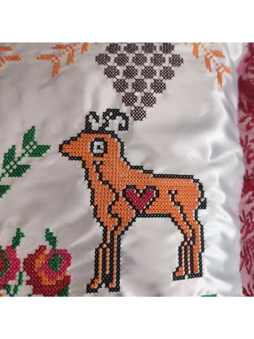 Artisan Handmade Embroidered Slavic Folk Pillow Cover Cottagecore White Satin